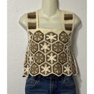 Granny Square Crochet Tank Top Brown Cream Y2K Boho Size S